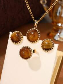 1 Conjunto De Joyas De Ojo De Tigre Incrustado En Cobre Con Diseño De Corona Para Hombres O Mujeres, Que Incluye Collar, Aretes Y Anillo Con Tamaño De Anillo Ajustable Y Collar De Acero De Titanio, Adecuado Para Regalos.