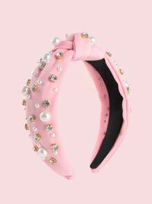 1入粉色鑲嵌鑽石和珍珠裝飾的寬版女士髮箍，適合日常和節日穿著，優雅 - 淺粉色 - 查看 6