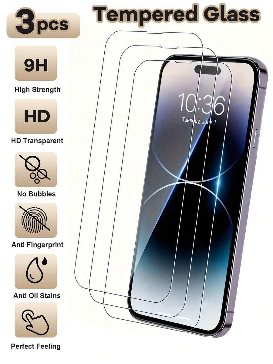 3入組9H高清鋼化玻璃屏幕保護貼，適用於iPhone 15 Pro/14 Plus/13/13 Pro/13 Pro Max，易於安裝，防摩擦，防水，防指紋，防油，靈敏、平滑、準確，與iPhone X-15系列兼容。 - 彩色 - 查看 1