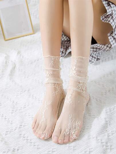 1 Pair Beige Mesh Lace Ruffle Socks For Women, Summer Thin Mid-Calf Sheer Stockings Cute Jk Style Breathable Black Fishnet Retro