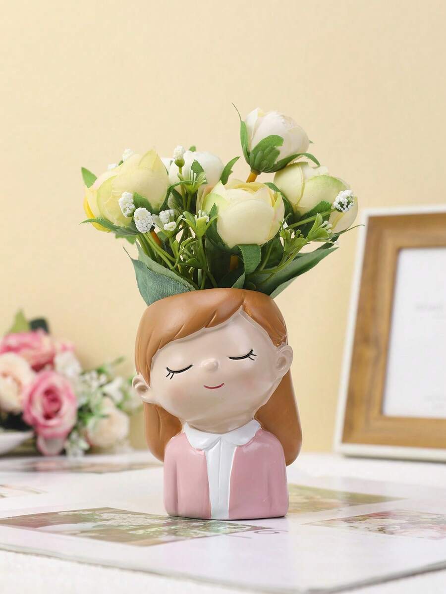 1 Pieza Linda Caricatura De Chico Y Chica Florero (flores No Incluidas) - Multicolor - Ver 1