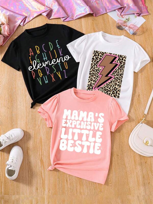 Conjunto de 3 piezas para niña joven: camiseta de manga corta con impresión de letras y rayos
