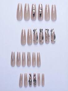 Get Glamorous With Immediately Enhance Your Look With A 24PCS Long Coffin-Shaped Nude Skin Sparkling Pink Hill Rhinestone Full Set Of European Style Nail Patches, Paired With A Piece Of Jelly And A Friction Strip Press On Nails Nail Supplies - Multicolor - View 3
