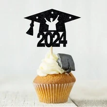 12 Piezas Toppers De Pastel Con Forma De Gorro De Graduación Negro Para Decoraciones De Fiestas De Graduación, Celebrando Graduados De 2024 - Negro - Ver 5