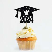 12 Piezas Toppers De Pastel Con Forma De Gorro De Graduación Negro Para Decoraciones De Fiestas De Graduación, Celebrando Graduados De 2024 - Negro - Ver 3