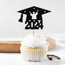 12 Piezas Toppers De Pastel Con Forma De Gorro De Graduación Negro Para Decoraciones De Fiestas De Graduación, Celebrando Graduados De 2024 - Negro - Ver 1