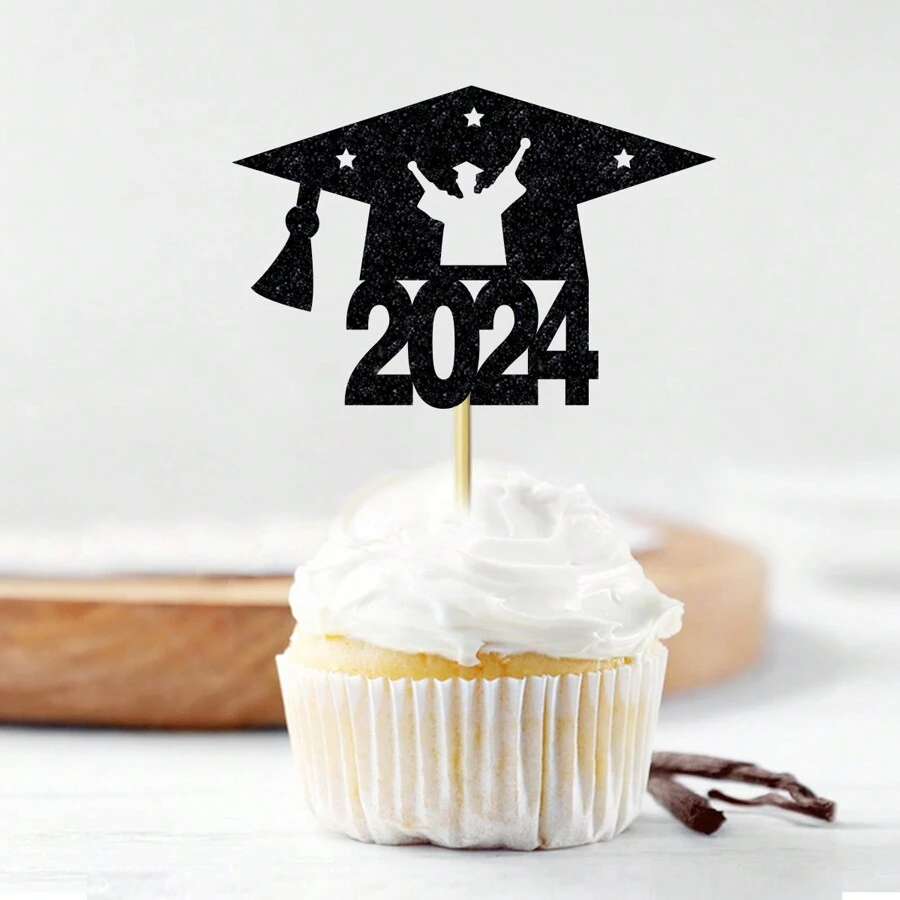 12 Piezas Toppers De Pastel Con Forma De Gorro De Graduación Negro Para Decoraciones De Fiestas De Graduación, Celebrando Graduados De 2024 - Negro - Ver 1
