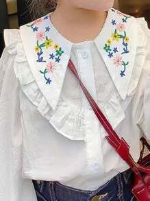 年轻女孩花卉刺绣彼得潘领长袖衬衫，2024年秋季新品 - 白色 - 查看 4