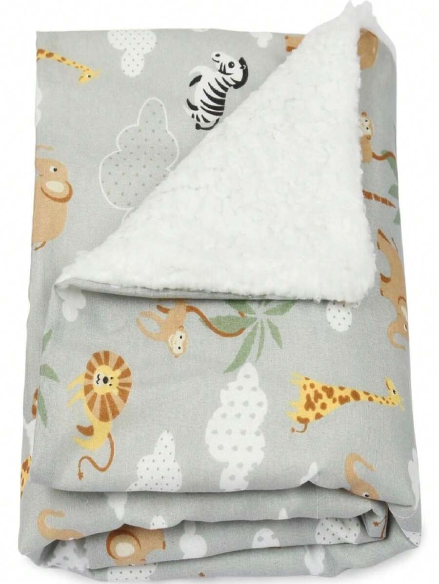 Manta Infantil de Bebe Edredom (0,75cm x 0,75cm) Cobertor Para bebê forrado com sherpa Tecido Carneirinho e Estampado Safari Menina ou Menino Unissex - Safari Cinza - Visão 1