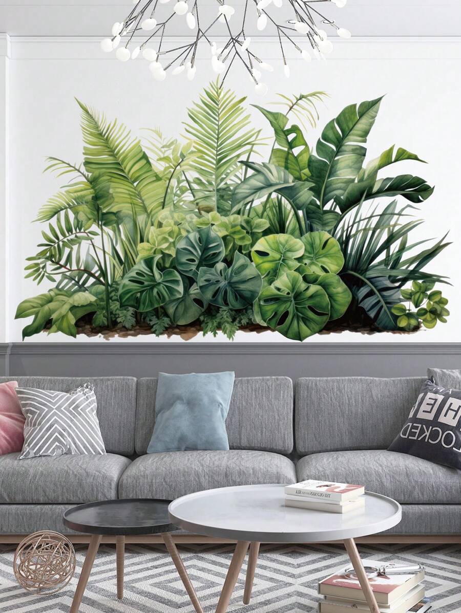 mama look 2pcs Green Plants Large Leaf Wall Stickers For Bedroom Living Room Decoration, Self-Adhesive, Stickers, Wall Decal, Vinyl Decal For Home Decorations, Spring Decoration Items Refresh Your Home, Rama Decoration Stickers Gifts Birthday Graduation - Army Green - View 1