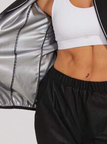 1 件银色拉链长袖撞色条纹运动夹克，健身、户外、减肥、塑身 - 黑色 - 查看 6