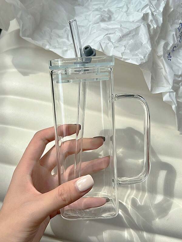1 copo quadrado de vidro com tampa e canudo, altamente atraente e perfeito para meninas, utensílios para bebidas de verão, xícara de café