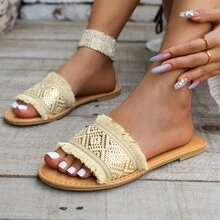 Sandalias Planas Para Mujeres Decoradas Con Pedrería Y Flecos Tejidos - Dorado - Ver 2