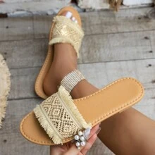 Sandalias Planas Para Mujeres Decoradas Con Pedrería Y Flecos Tejidos - Dorado - Ver 5