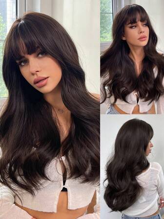 1 件蝴蝶剪发黑棕色假发合成耐热直发假发，带刘海，24 英寸长，全机织日常自然逼真假发圣诞节 Y2k 礼物