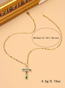 1 Pieza Colgante De Cruz De Cobre Incrustado Con Circonia Cúbica Multicolor, Acompañado Por Collar Con Cadena De Labios Hecho De Acero De Titanio, Presente De Joyería