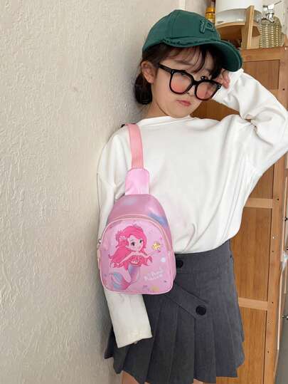 1pc Young Girl Nylon Cartoon Mermaid Mini Crossbody Chest Bag With Zipper Closure, Suitable For Daily Use
