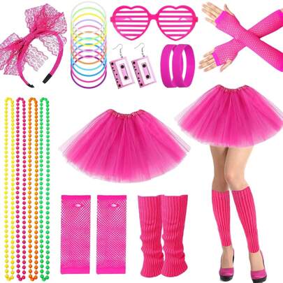 80s Fancy Dress For Women Girls, 1980s Party Costume Accessories Set Rainbow Tutu Skirt Leg Warmers Fishnet Gloves Glasses Earrings Bracelet Necklace Headband, Retro Outfit For 80s Party, Dress Up Day, Rose Valentine's Day Prom Halloween