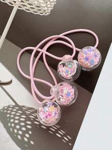 1pair Girls' Ponytail Holder With Beads & Shiny Balls Hair Tie & Headband, For Christmas - Pink - View 3