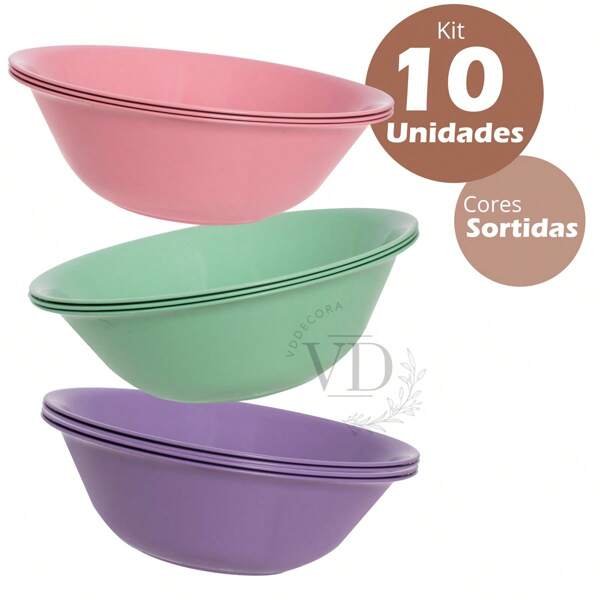 Kit Atacado com 10 bacias de Plástico 01Litro Cores Sortidas Macarronada, Sopas e Caldos