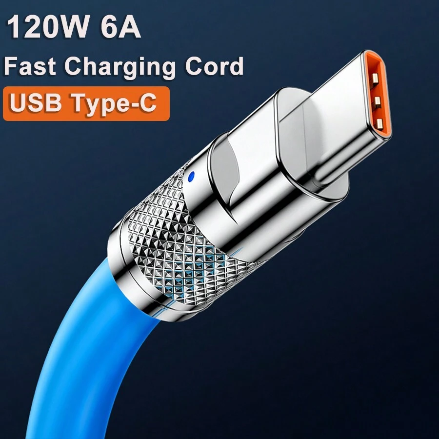 120W 6A USB 转 Type C 超快速充电线兼容三星 Redmi POCO OPPO VIVO 高速 USBC 手机充电器线数据 USB C 线锌合金充电线适用于汽车 USB C Type-C 液态硅胶充电和数据线 - 藍色 - 查看 1