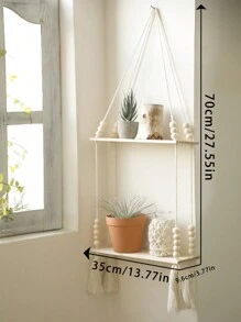 1 pieza Estantería colgante de macramé, decoración de pared estilo bohemio, estantes flotantes de madera rústica hechos a mano, estante de pared colgante, estantes flotantes de madera, para exhibir fotos, plantas, almacenamiento colgante para baño, dormitorio, sala de estar, guardería, decoración del hogar, decoración de habitación, decoración de pared - Beis - Ver 2