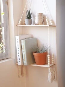 1 pieza Estantería colgante de macramé, decoración de pared estilo bohemio, estantes flotantes de madera rústica hechos a mano, estante de pared colgante, estantes flotantes de madera, para exhibir fotos, plantas, almacenamiento colgante para baño, dormitorio, sala de estar, guardería, decoración del hogar, decoración de habitación, decoración de pared - Beis - Ver 7
