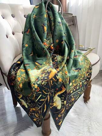 Boho 1pc Green 110x110cm Satin Square Scarf With Classic Animal & Flower Art Print For Elegant And Mature Fashion Look