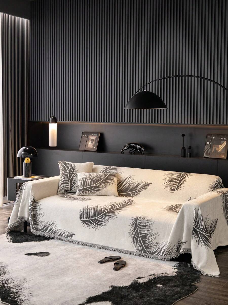 1入組現代陳ille現代防滑沙發毛巾,全覆蓋四季沙發套,適用於沙發桌布、野餐墊、臥室、客廳、辦公室和戶外活動 - 黑色 - 查看 1