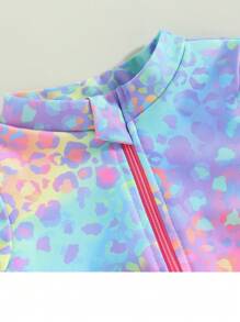 Kids Young Girl Swimsuit One-Piece Long Sleeve Rash Guard Zipper Bathing Suit Leopard Beach Wear