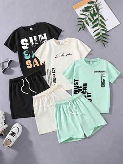3pcs Set: Young Boy Letter Print Short Sleeve T-Shirt And Shorts