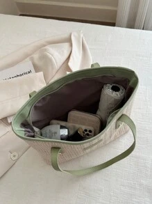 時尚大容量手提包，女式手袋，適用於休閒肩背包、沙灘必備，夏季女士手提袋，旅行、度假、海灘完美配搭 - 綠色 - 查看 6