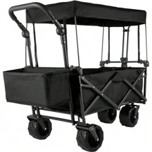 SKYSHALO Collapsible Garden Cart W/ Removable 600D Oxford Canopy, Extra Large Folding Utility Wagon Carts 220lbs Load W/ 7" Wheels, Heavy Duty Outdoor All Terrain Beach Wagon For Camping, Shopping, Picnic, Sports