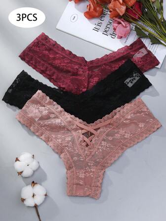 3 件套女士性感蕾丝丁字裤带镂空花朵设计内衣