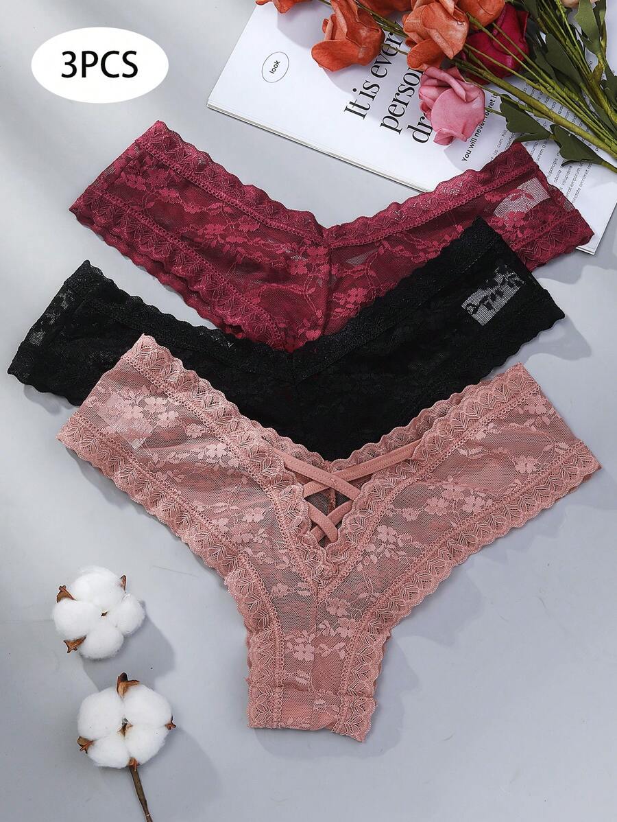 3 件套女士性感蕾丝丁字裤带镂空花朵设计内衣 - 彩色 - 查看 1