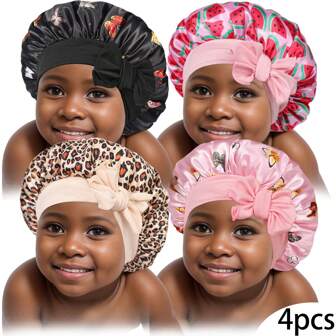 4 st/set Tryckt Barns Med Lång svans Band , Silke Satin Mode Sov Mössa , Bekvämt & Söt Daglig Hår Accessoar