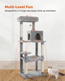 Luxury Cat Tree Large Cat Play Tower, Activity Center, Stable And Stable, Cat Tree With Hammock And Beautiful Cat House Gray 143cm - Grey - View 3