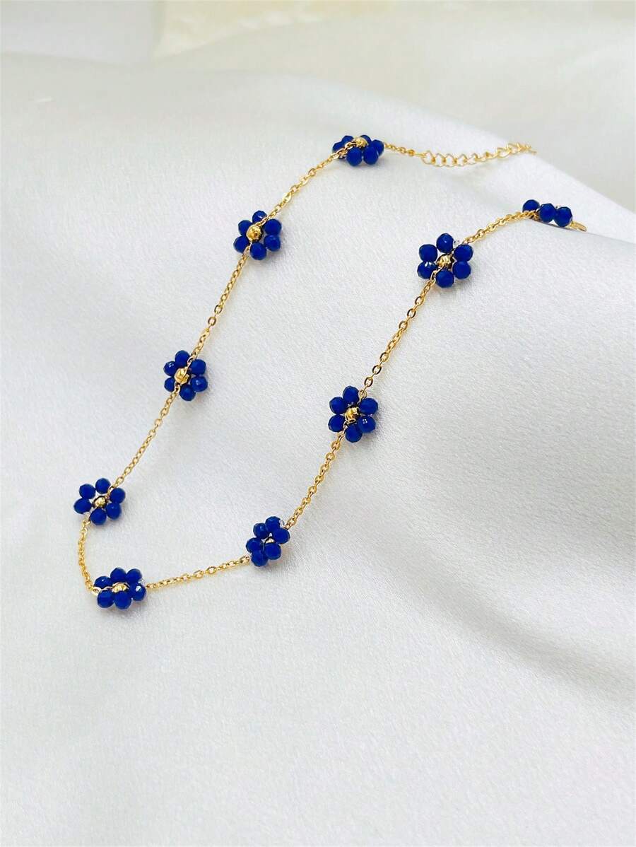 1pc Diy Sky Blue Handmade Necklace, Suitable For Women's Simple And Fresh Style Clothes In Spring And Summer - Royal Blue - View 1