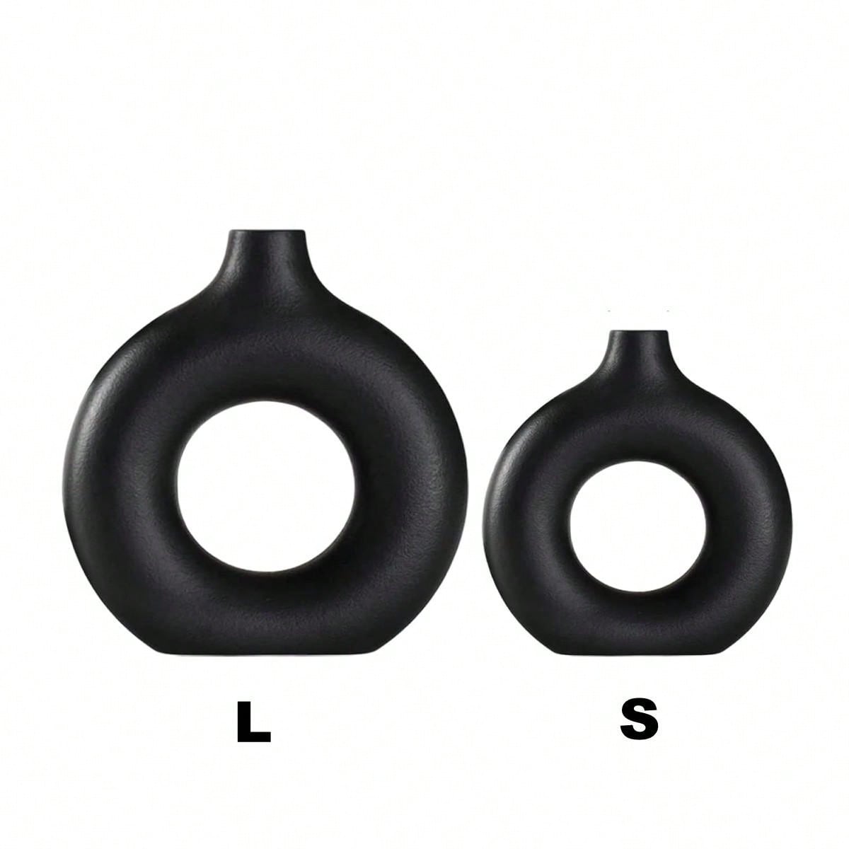 1pc Black Nordic Style Ceramic Vase Irregular Doughnut Shaped Ceramic