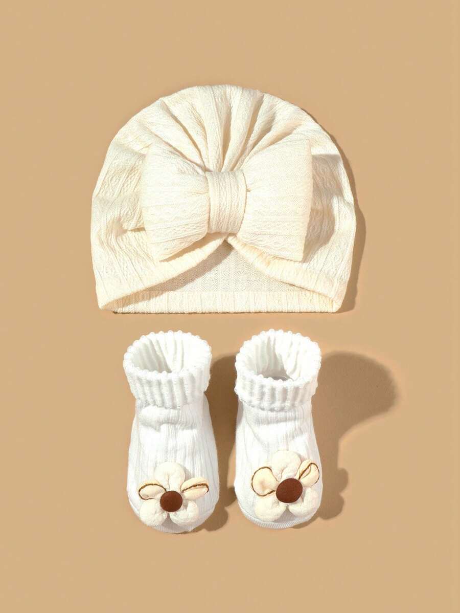 2-9 Months Baby Flower Headband, Socks & Cap Set, Spring/Summer/Autumn Jacquard Weave Hat - Milky White - View 1