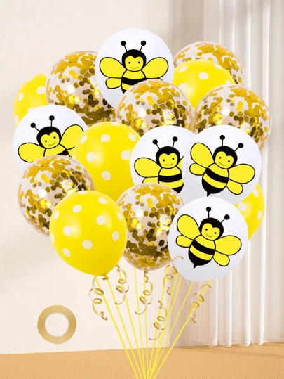 16pcs Bumble Bee Theme Latex Balloon, Yellow Polka Dot & White & Gold Glitter, Great For Outdoor Party, Birthday, Wedding, Valentine's Day, Thanksgiving, New Year, Home Decoration, Scene Layout