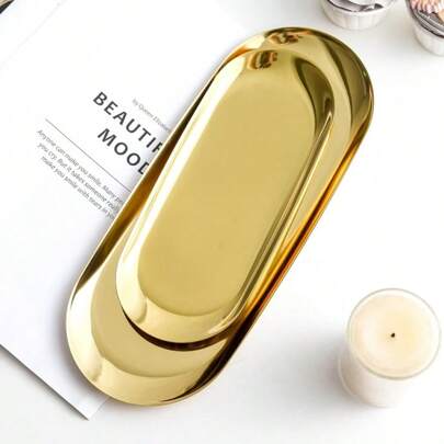 1 件金色不锈钢金色珠宝托盘，浴室化妆品储物托盘最佳礼物生日盘子厨房配件厨房装饰餐桌托盘水果托盘托盘装饰