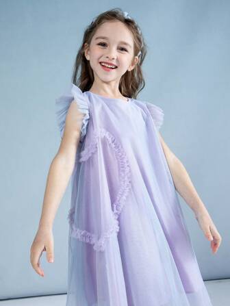 Young Girl Pleated Heart Design Screw Neck Flutter Sleeve Dress, 2024 New Summer Gradient Mesh Princess Dress