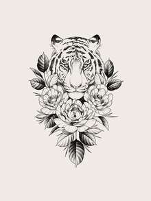 STARTTOOS 大面積黑色臨時紋身貼紙,有老虎、獅子、動物和花卉圖案,適用於手臂、胸部、腹部、背部和身體各部位 - 黑色 - 查看 17