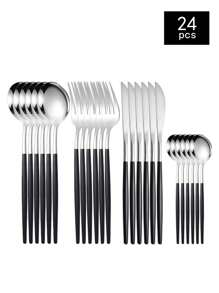 4pcs/16pcs/24pcs/32pcs Stainless Steel Cutlery Set, Knife Fork Spoon Set, Suitable For Home Kitchen, Restaurant, Hotel Kitchen Utensil Set - Silver+Black - View 12