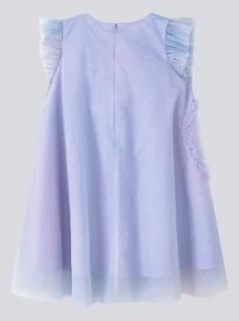 Young Girl Pleated Heart Design Screw Neck Short Sleeve Dress, 2024 New Summer Gradient Mesh Princess Dress