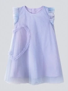 Young Girl Pleated Heart Design Screw Neck Short Sleeve Dress, 2024 New Summer Gradient Mesh Princess Dress