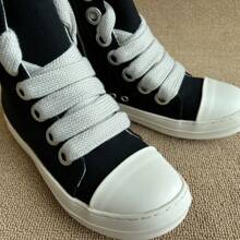 男女通用高帮厚底休闲运动鞋，配粗鞋带 - 黑與白 - 查看 3