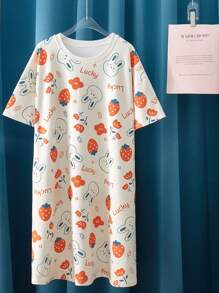 Women's Round Neck Cartoon Strawberry And Rabbit Printed Home Dressing Gown