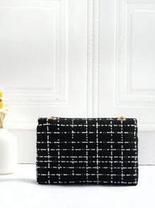 时尚活力帆布面料女士包，新款锁扣单肩斜挎手机包，小众设计小方包 - 黑與白 - 查看 2